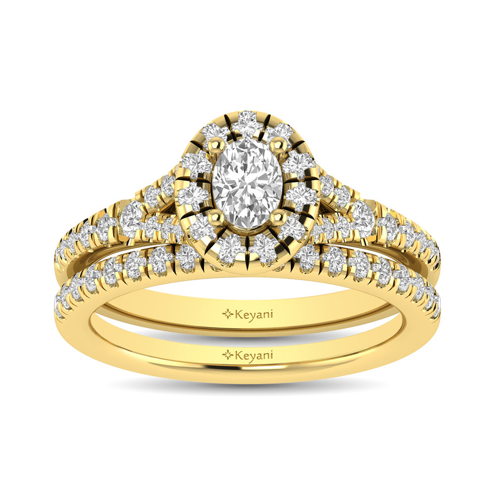 Diamond Split Shank Single Halo Bridal Ring 1 Ct Tw Oval Cut In 14K Yellow Gold