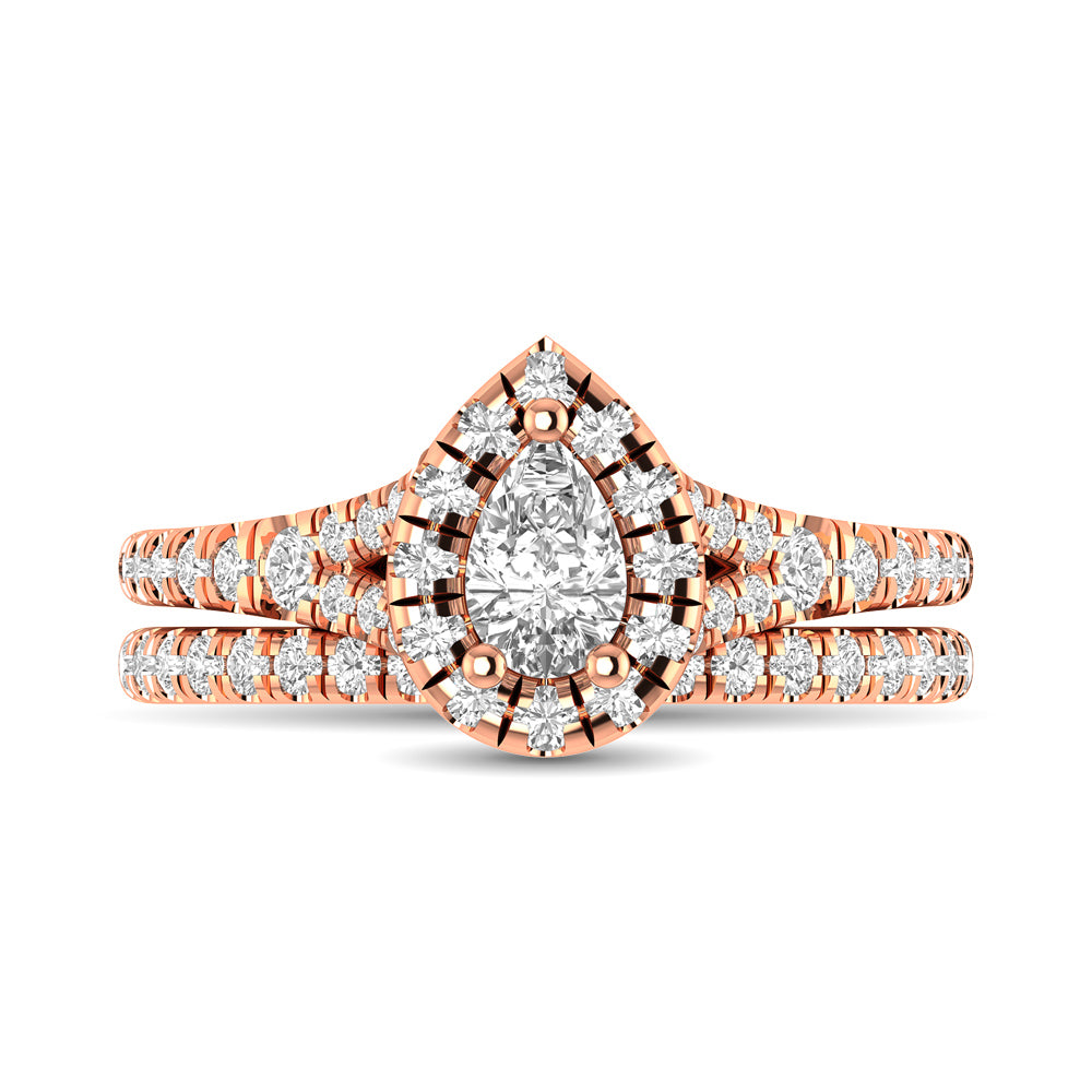 Diamond Split Shank Single Halo Bridal Ring 1 Ct Tw Pear Cut In 14K Rose Gold