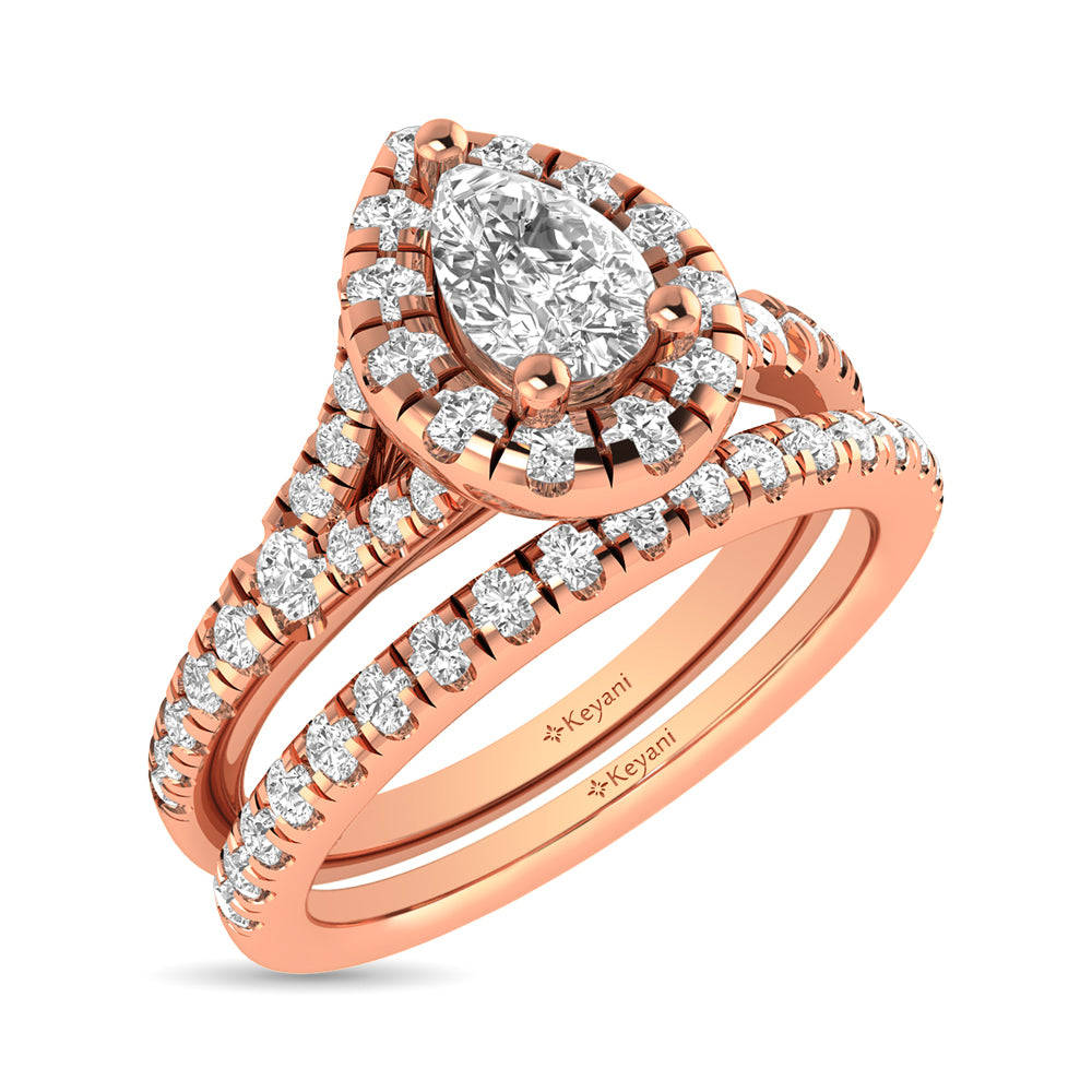 Diamond Split Shank Single Halo Bridal Ring 1 ct tw Pear Cut in 14K Rose Gold