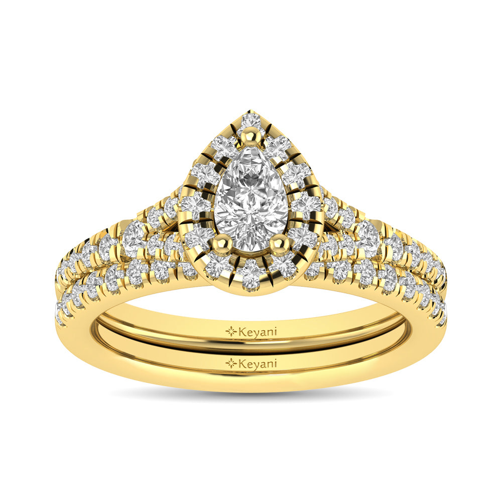 Diamond Split Shank Single Halo Bridal Ring 1 Ct Tw Pear Cut In 14K Yellow Gold