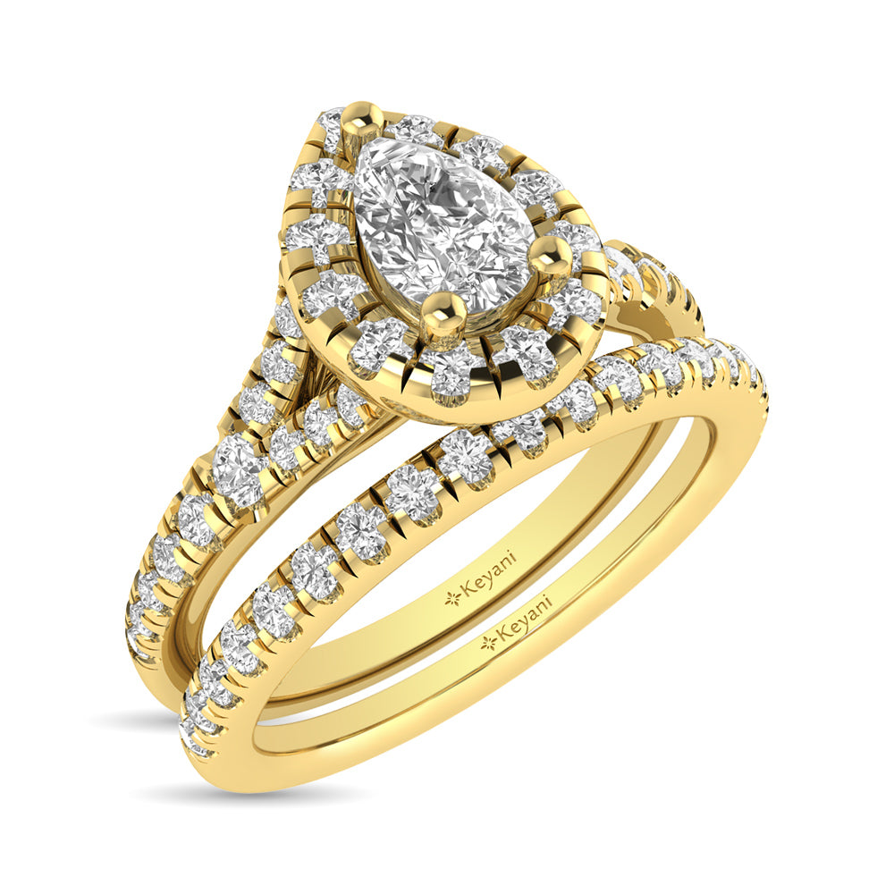 Diamond Split Shank Single Halo Bridal Ring 1 ct tw Pear Cut in 14K Yellow Gold