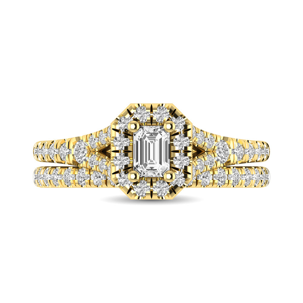 Diamond Split Shank Single Halo Bridal Ring 1 ct tw Emerald Cut in 14K Yellow Gold