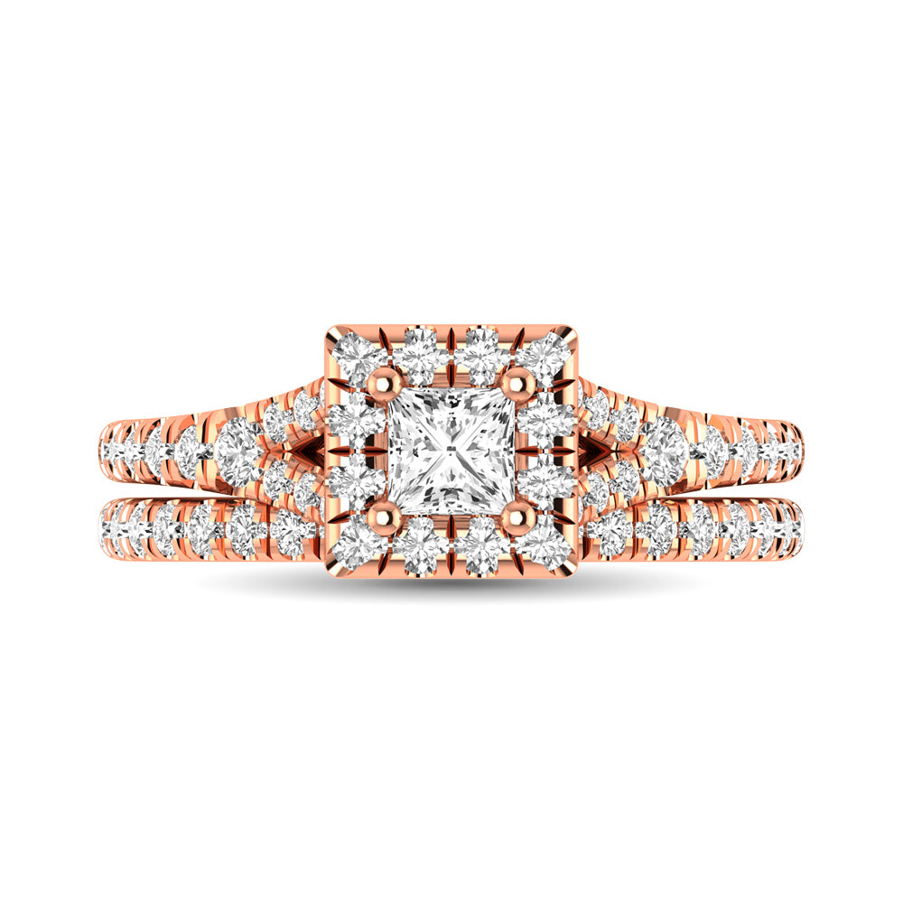 Diamond Split Shank Single Halo Bridal Ring 1 ct tw Princess Cut in 14K Rose Gold