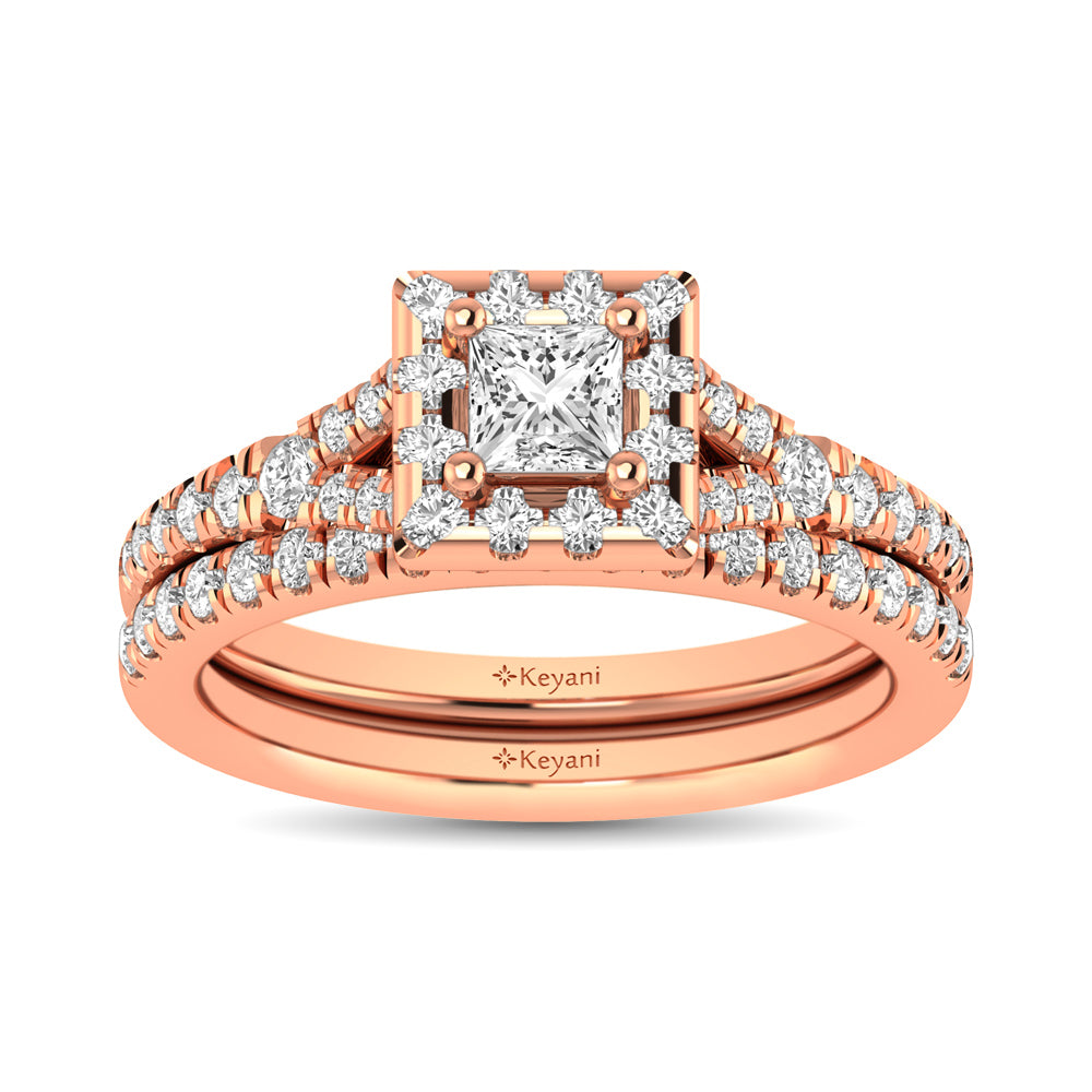 Diamond Split Shank Single Halo Bridal Ring 1 Ct Tw Princess Cut In 14K Rose Gold