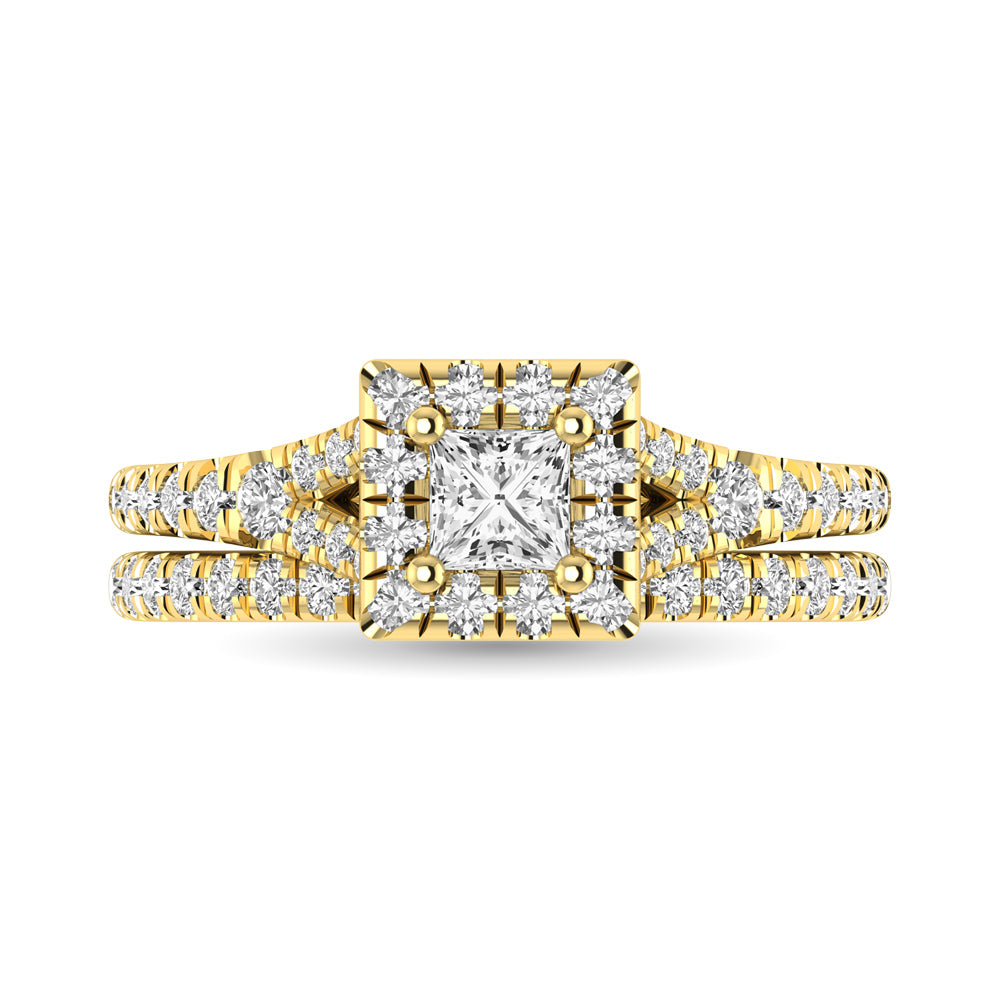 Diamond Split Shank Single Halo Bridal Ring 1 ct tw Princess Cut in 14K Yellow Gold