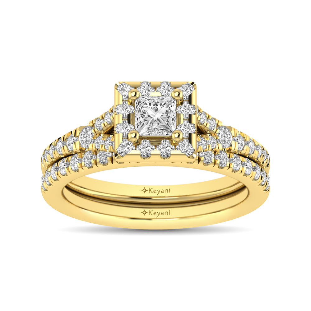 Diamond Split Shank Single Halo Bridal Ring 1 Ct Tw Princess Cut In 14K Yellow Gold