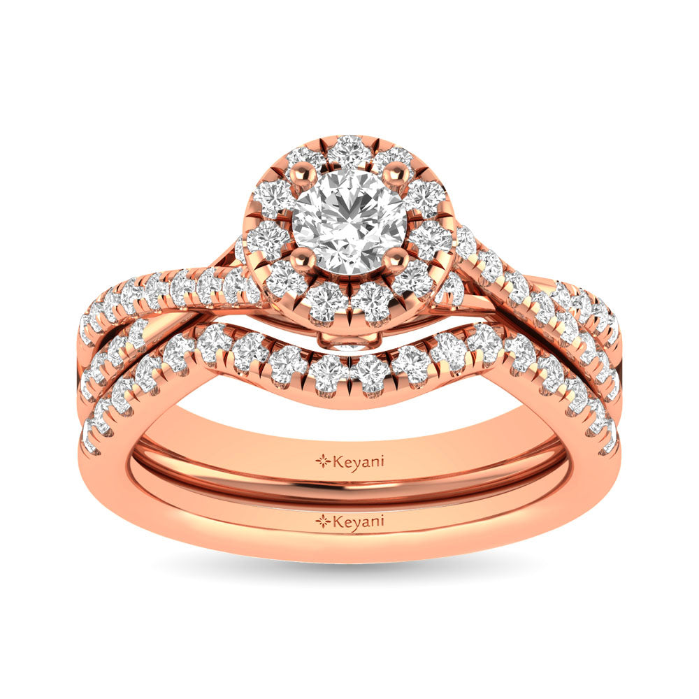 Diamond Twist Shank Single Halo Bridal Ring 1 Ct Tw Round Cut In 14K Rose Gold