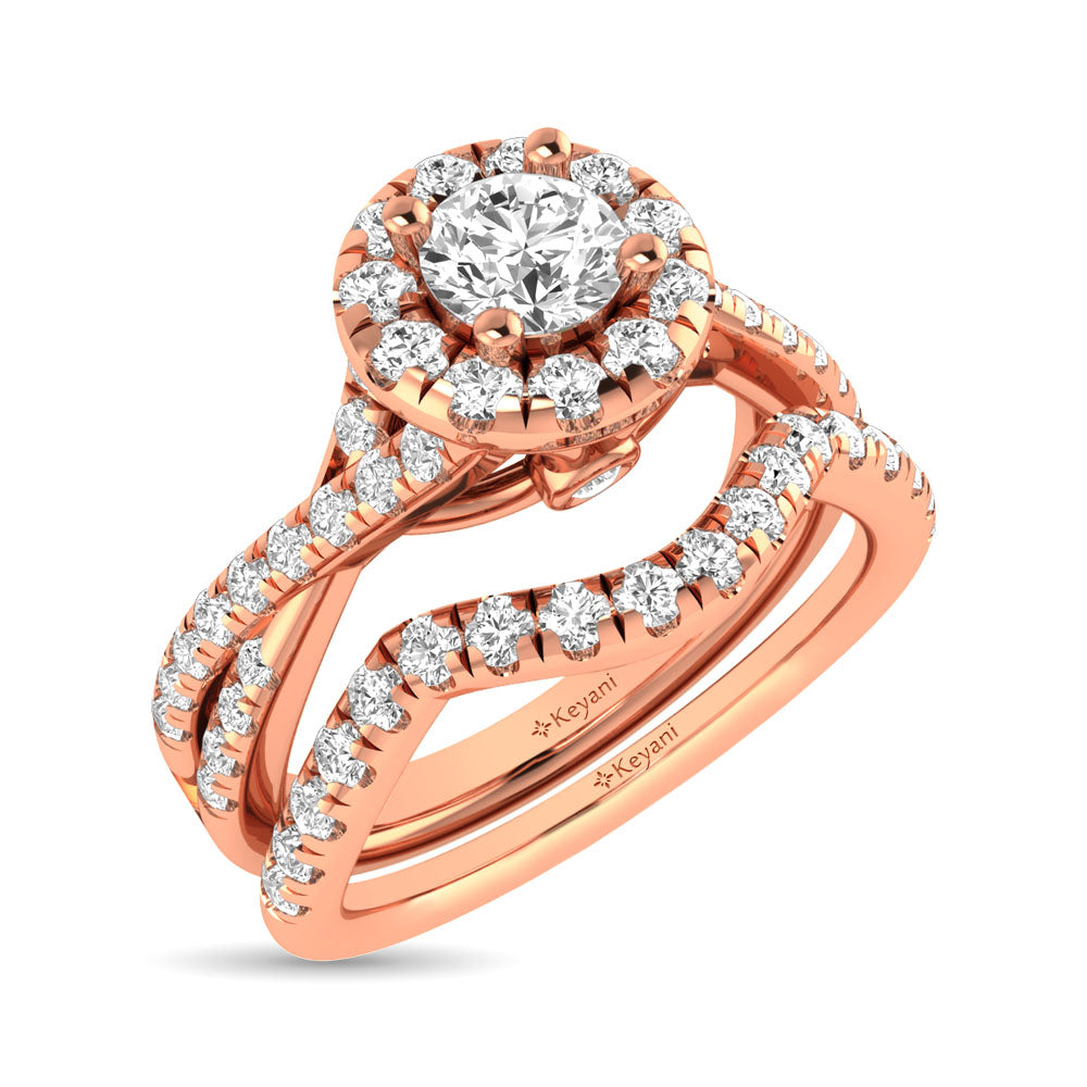 Diamond Twist Shank Single Halo Bridal Ring 1 ct tw Round Cut in 14K Rose Gold