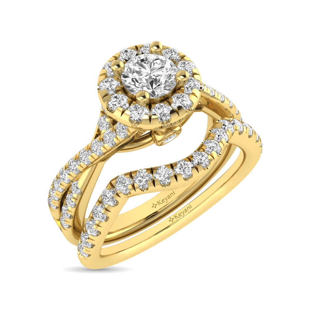 Diamond Twist Shank Single Halo Bridal Ring 1 ct tw Round Cut in 14K Yellow Gold