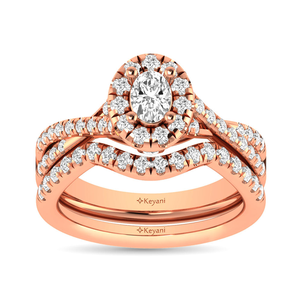 Diamond Twist Shank Single Halo Bridal Ring 1 Ct Tw Oval Cut In 14K Rose Gold