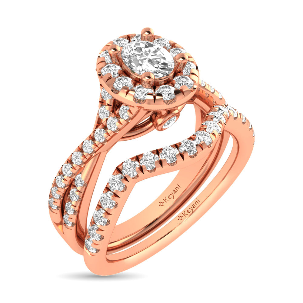 Diamond Twist Shank Single Halo Bridal Ring 1 ct tw Oval Cut in 14K Rose Gold