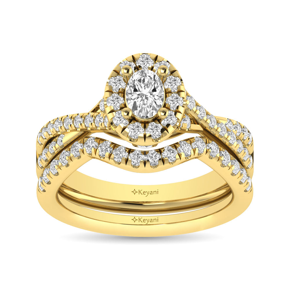 Diamond Twist Shank Single Halo Bridal Ring 1 ct tw Oval Cut in 14K Yellow Gold