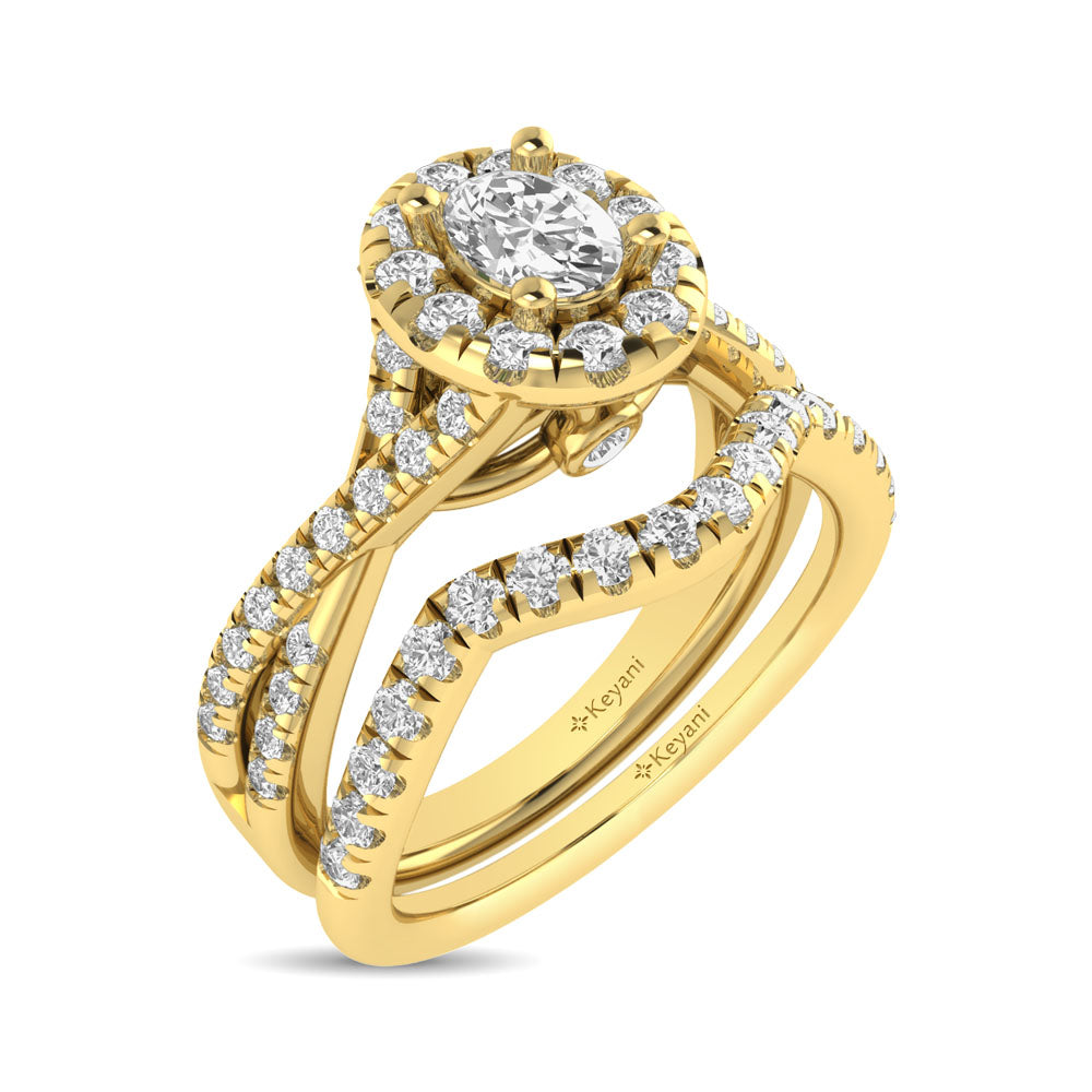 Diamond Twist Shank Single Halo Bridal Ring 1 Ct Tw Oval Cut In 14K Yellow Gold