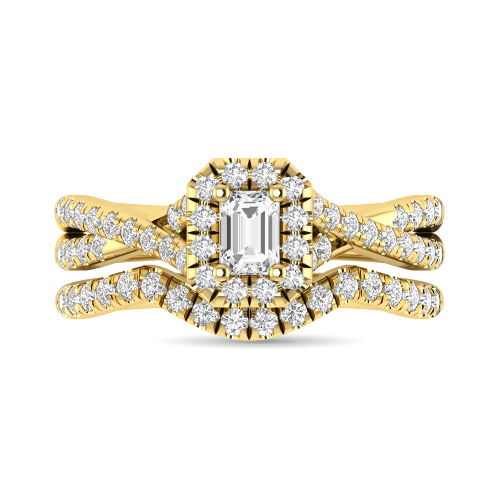 Diamond Twist Shank Single Halo Bridal Ring 1 ct tw Emerald Cut in 14K Yellow Gold