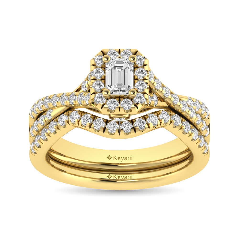 Diamond Twist Shank Single Halo Bridal Ring 1 ct tw Emerald Cut in 14K Yellow Gold
