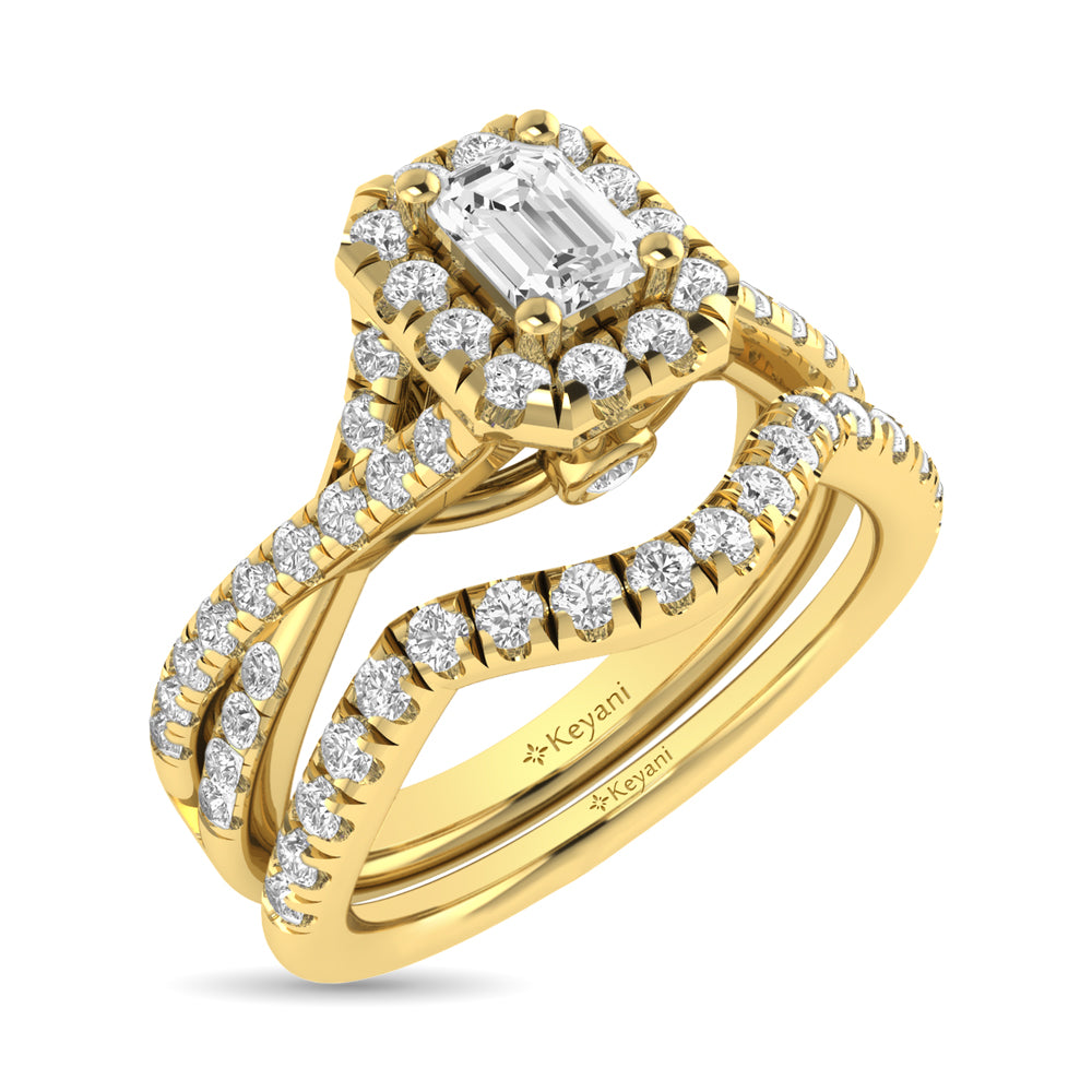 Diamond Twist Shank Single Halo Bridal Ring 1 Ct Tw Emerald Cut In 14K Yellow Gold