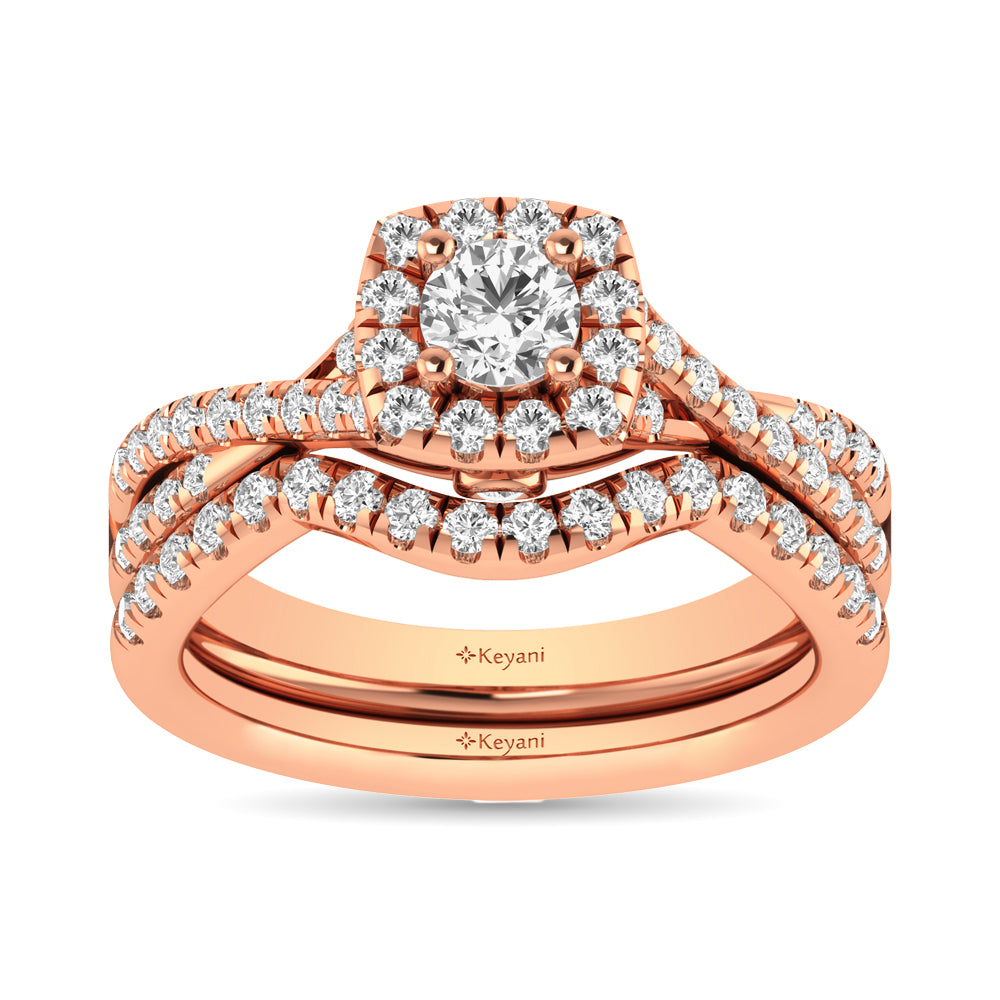 Diamond Twist Shank Single Halo Bridal Ring 1 Ct Tw Round Cut In 14K Rose Gold