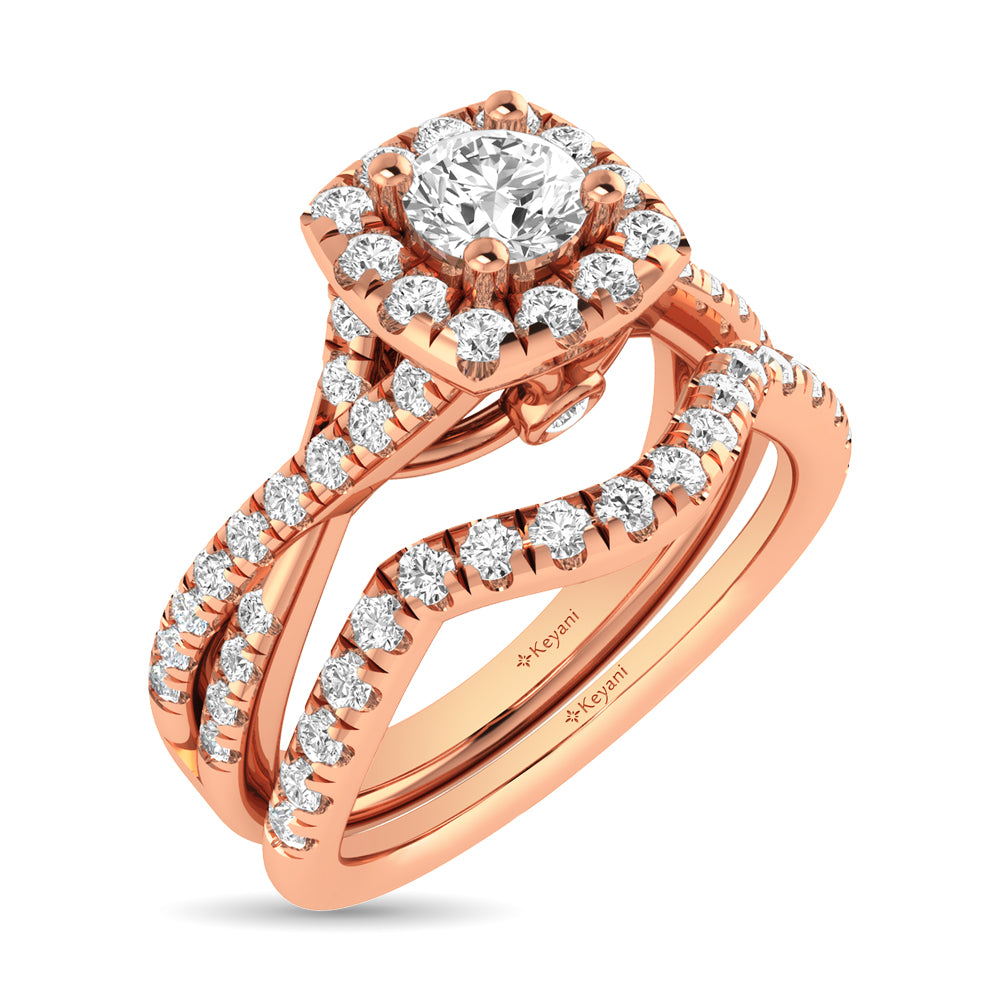 Diamond Twist Shank Single Halo Bridal Ring 1 Ct Tw Round Cut In 14K Rose Gold