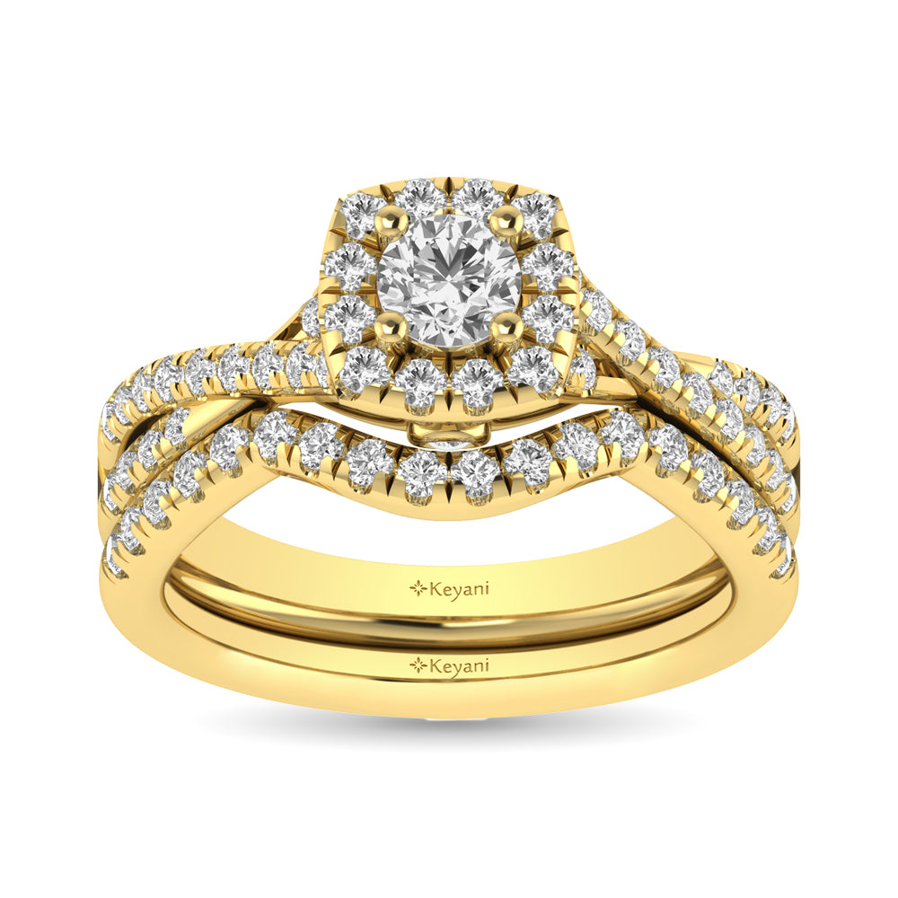 Diamond Twist Shank Single Halo Bridal Ring 1 ct tw Round Cut in 14K Yellow Gold