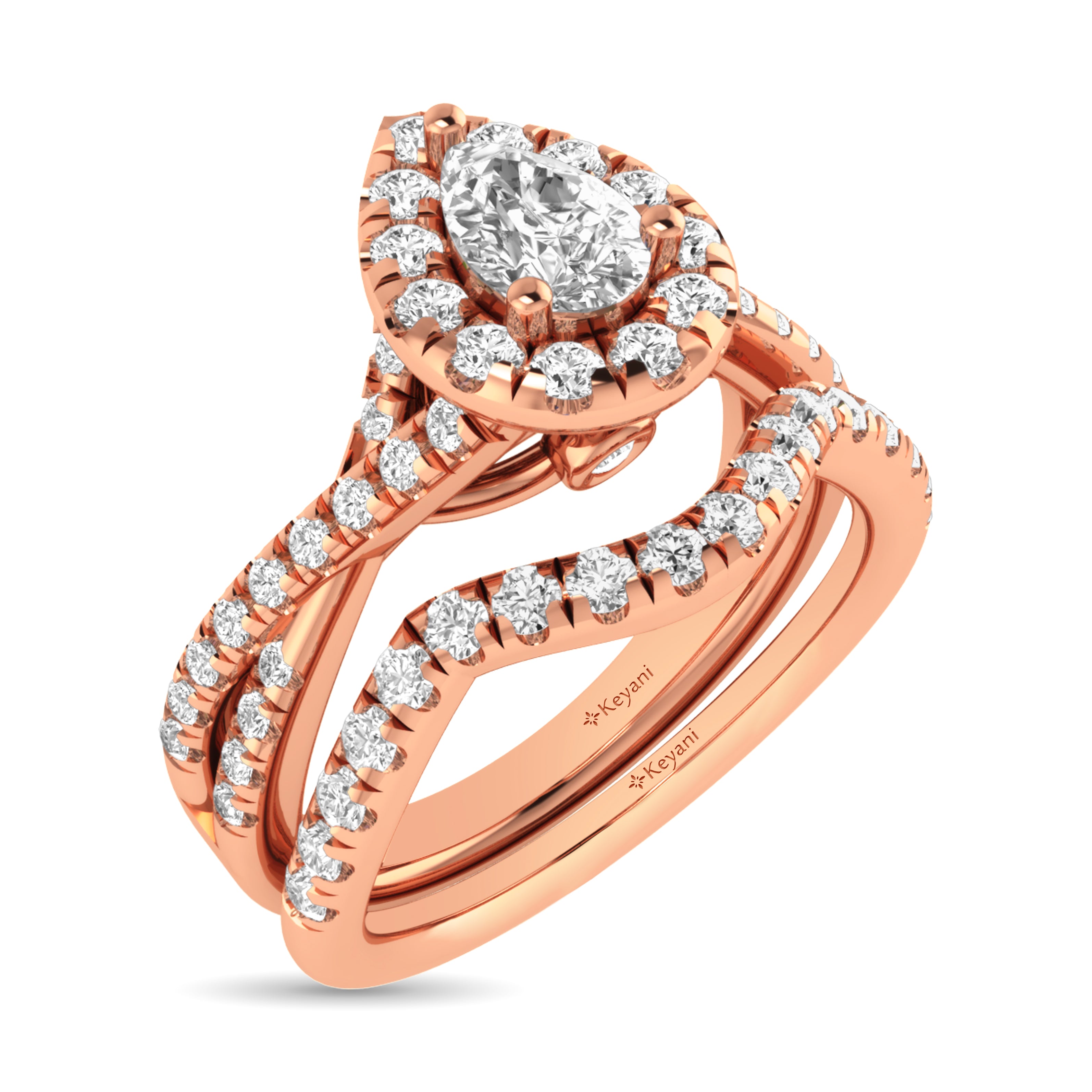 Diamond Twist Shank Single Halo Bridal Ring 1 Ct Tw Pear Cut In 14K Rose Gold