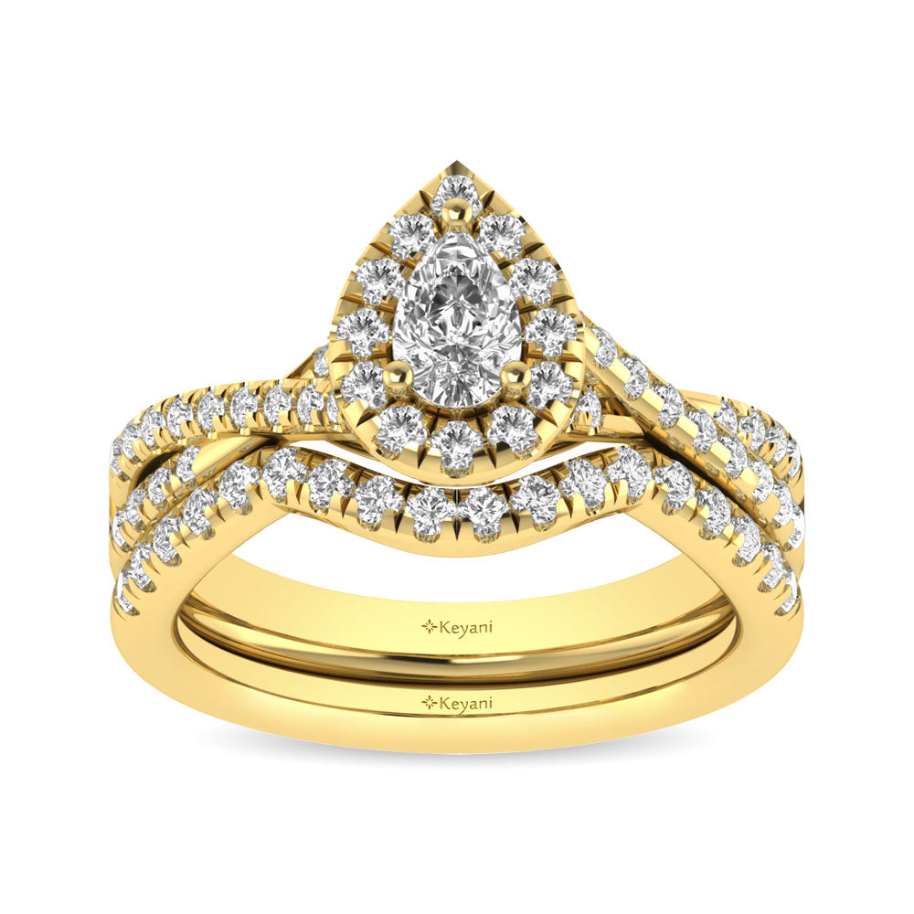 Diamond Twist Shank Single Halo Bridal Ring 1 Ct Tw Pear Cut In 14K Yellow Gold
