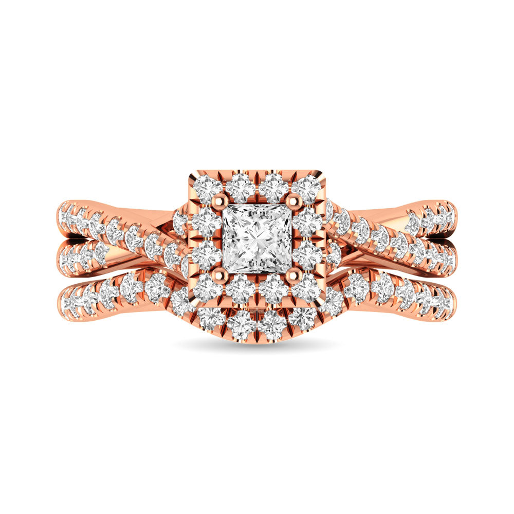 Diamond Twist Shank Single Halo Bridal Ring 1 Ct Tw Princess Cut In 14K Rose Gold