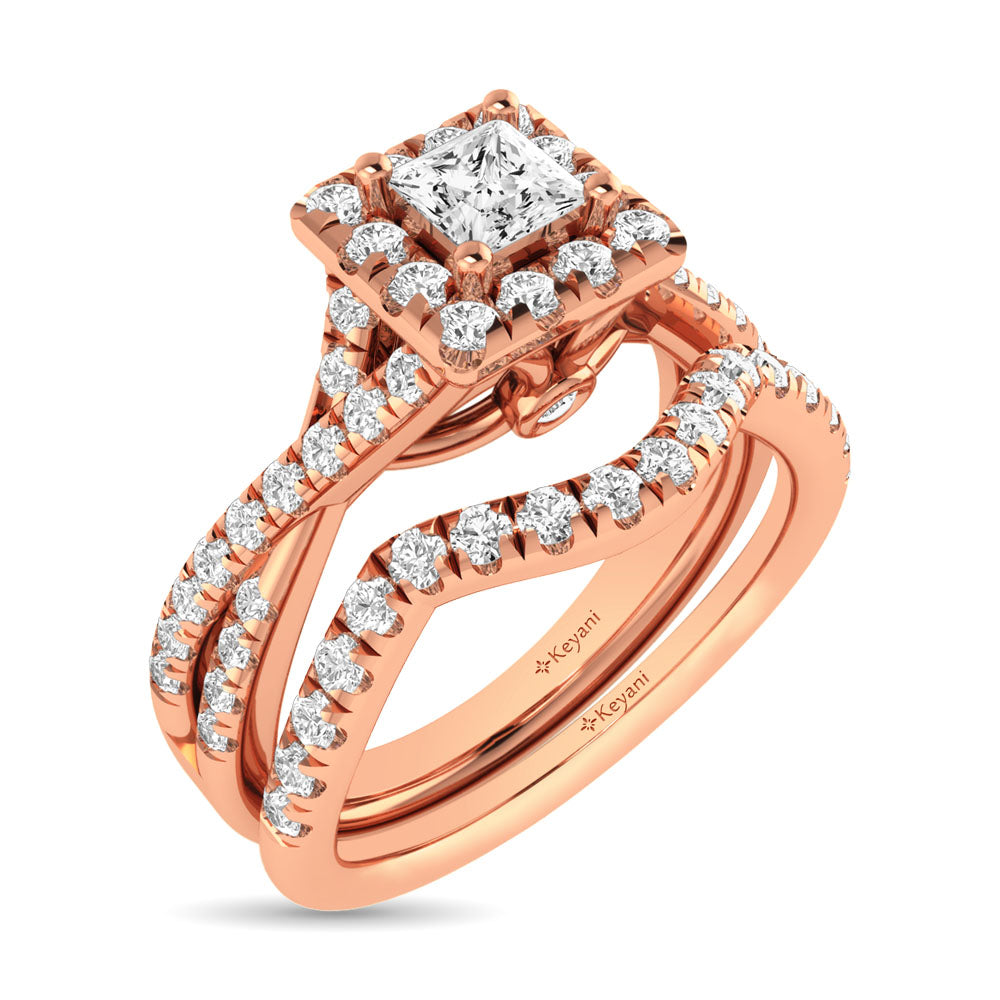 Diamond Twist Shank Single Halo Bridal Ring 1 Ct Tw Princess Cut In 14K Rose Gold