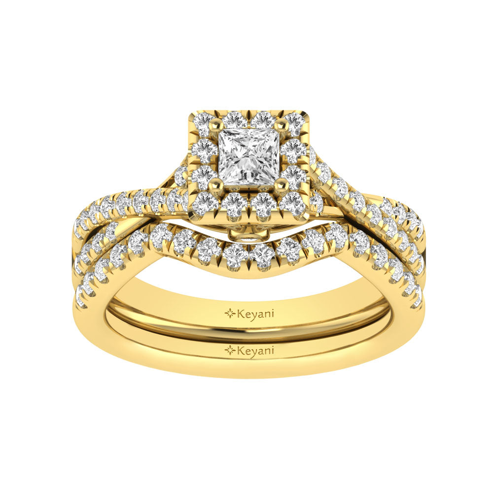 Diamond Twist Shank Single Halo Bridal Ring 1 Ct Tw Princess Cut In 14K Yellow Gold