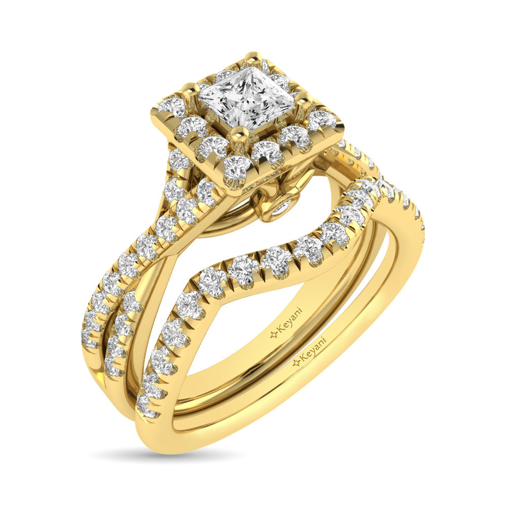 Diamond Twist Shank Single Halo Bridal Ring 1 Ct Tw Princess Cut In 14K Yellow Gold