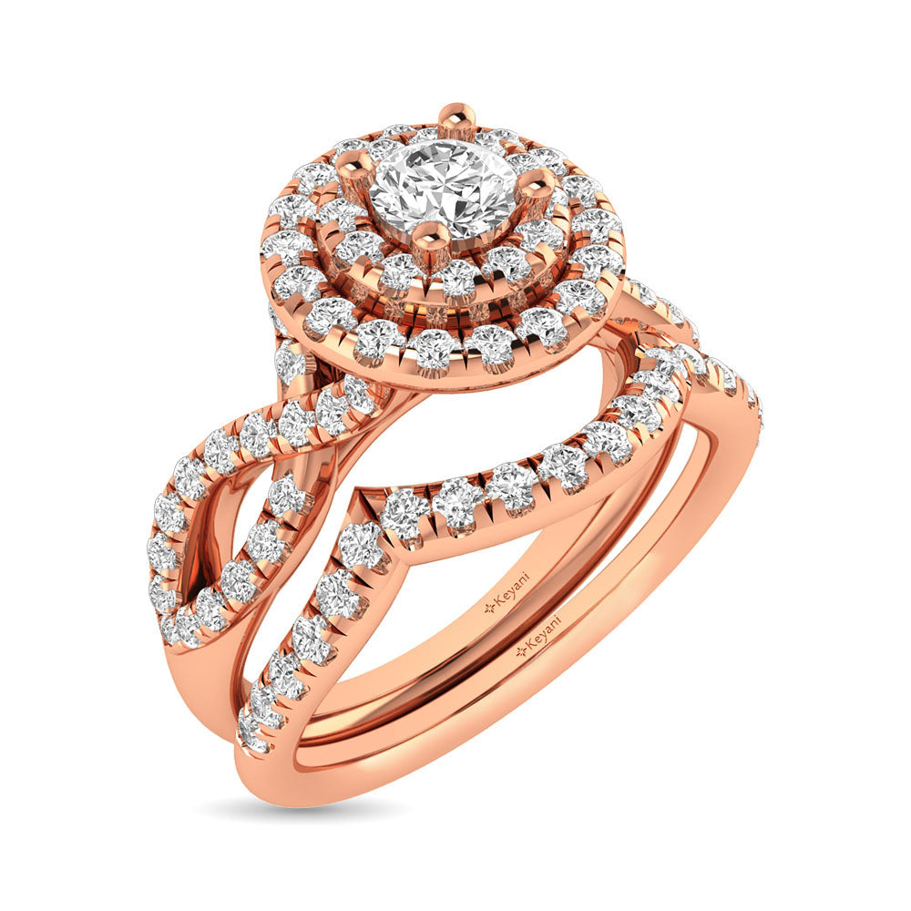 Diamond Twist Shank Double Halo Bridal Ring 3/4 ct tw Round Cut in 14K Rose Gold