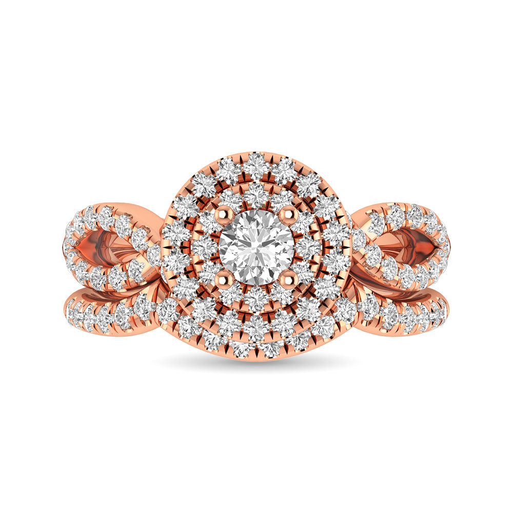 Diamond Twist Shank Double Halo Bridal Ring 1 ct tw Round Cut in 14K Rose Gold