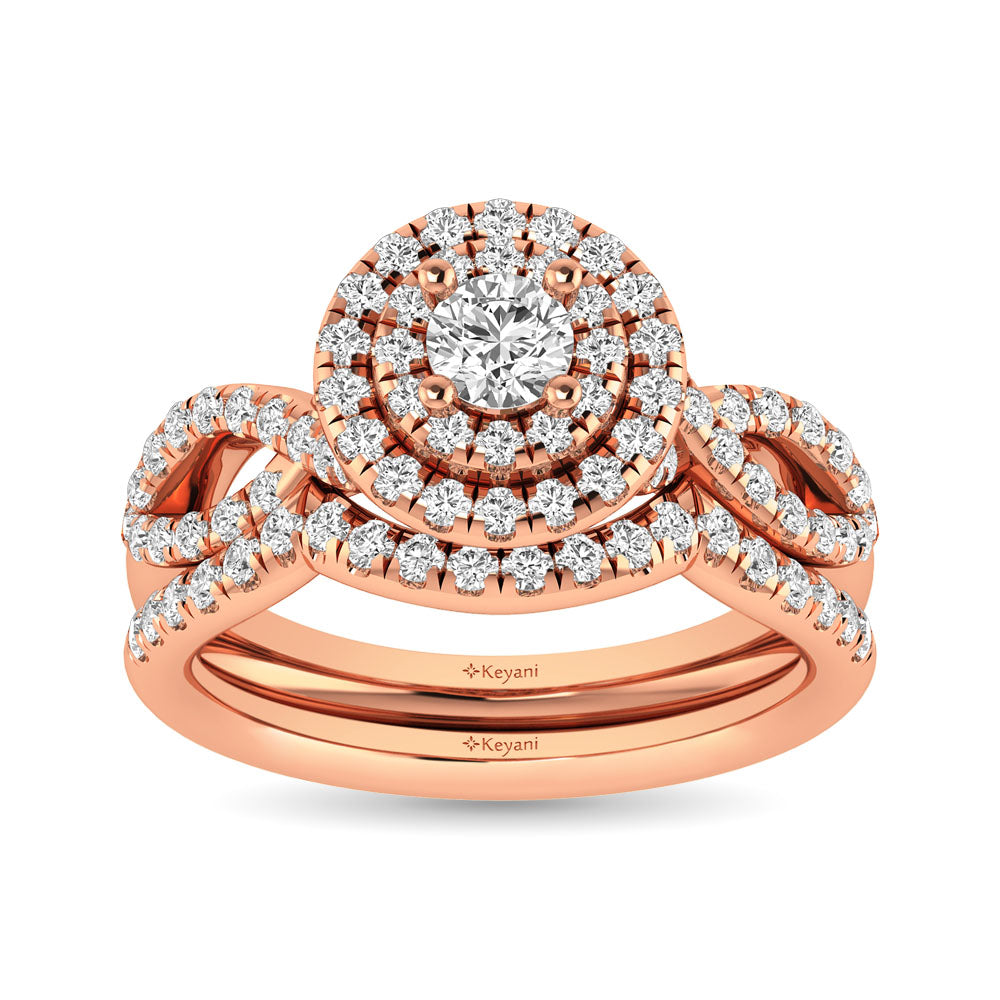 Diamond Twist Shank Double Halo Bridal Ring 1 ct tw Round Cut in 14K Rose Gold