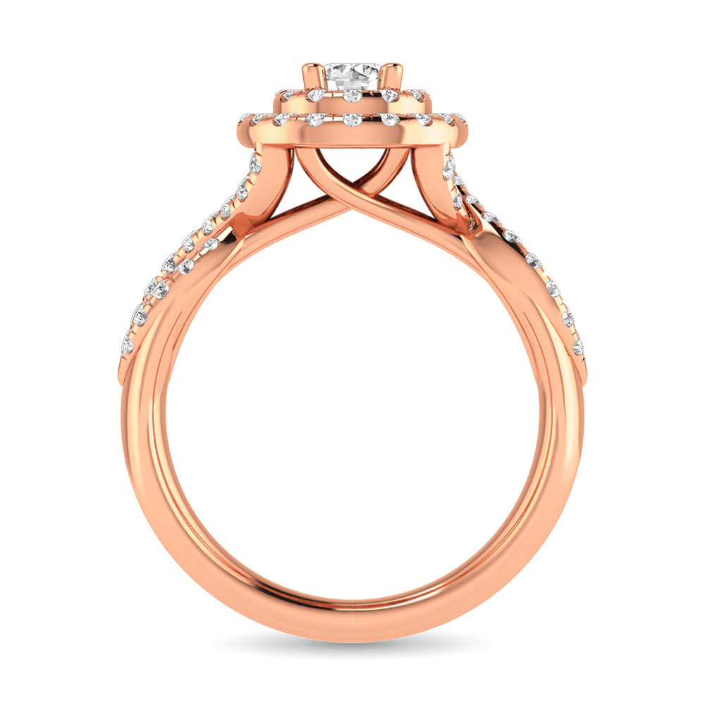 Diamond Twist Shank Double Halo Bridal Ring 1 ct tw Round Cut in 14K Rose Gold
