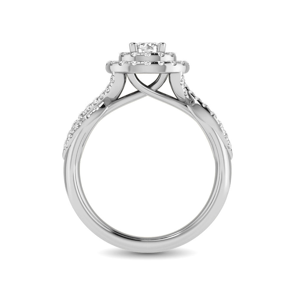 Diamond Twist Shank Double Halo Bridal Ring 3/4 Ct Tw Round Cut In 14K White Gold