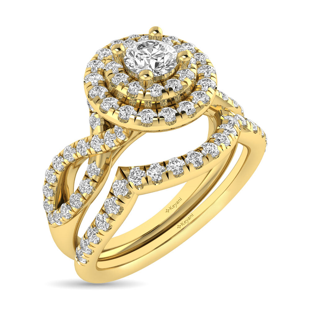 Diamond Twist Shank Double Halo Bridal Ring 1 ct tw Round Cut in 14K Yellow Gold