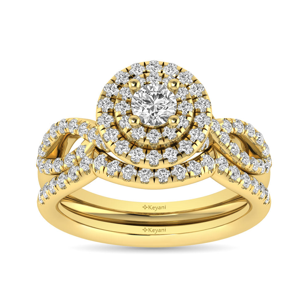 Diamond Twist Shank Double Halo Bridal Ring 1 Ct Tw Round Cut In 14K Yellow Gold