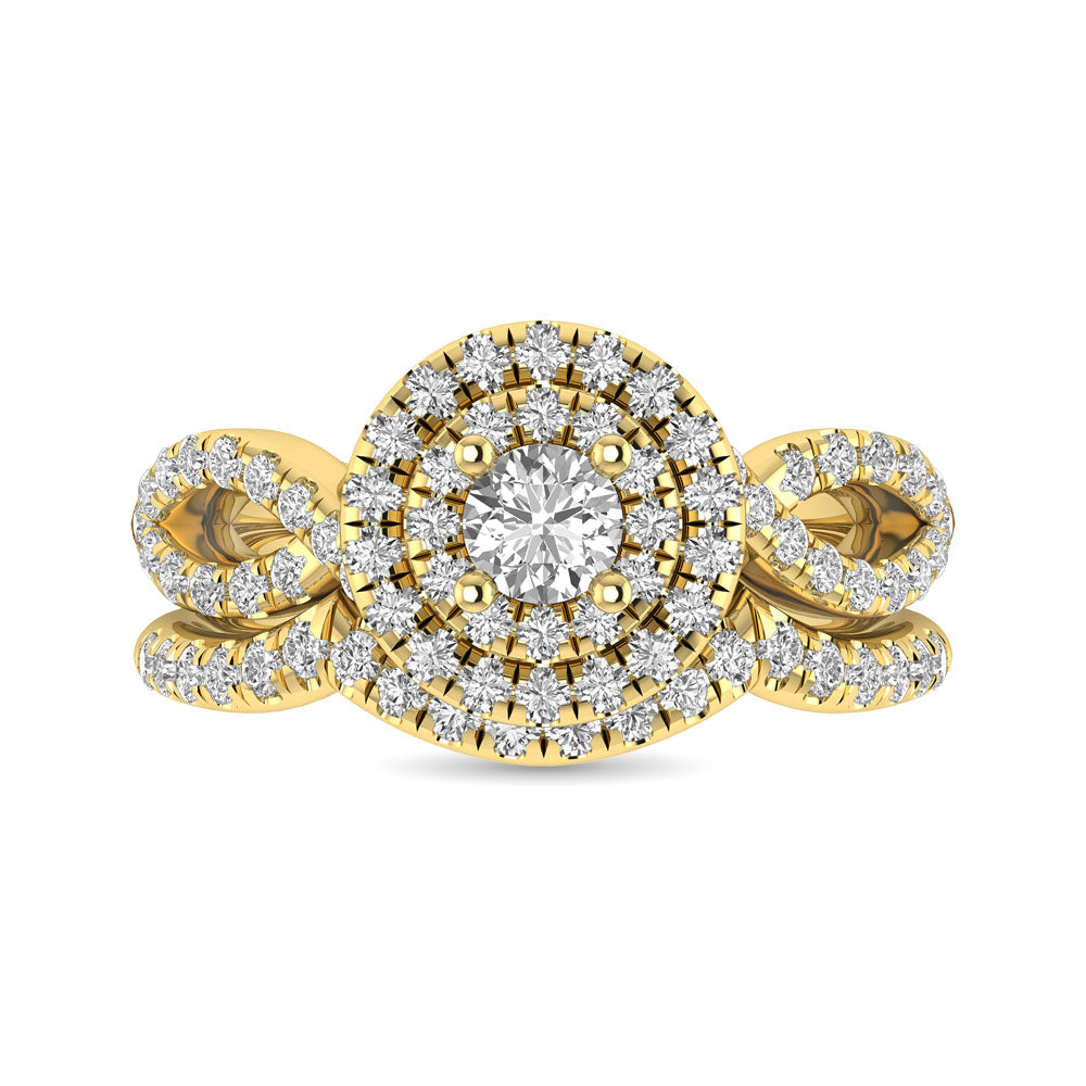 Diamond Twist Shank Double Halo Bridal Ring 1 Ct Tw Round Cut In 14K Yellow Gold