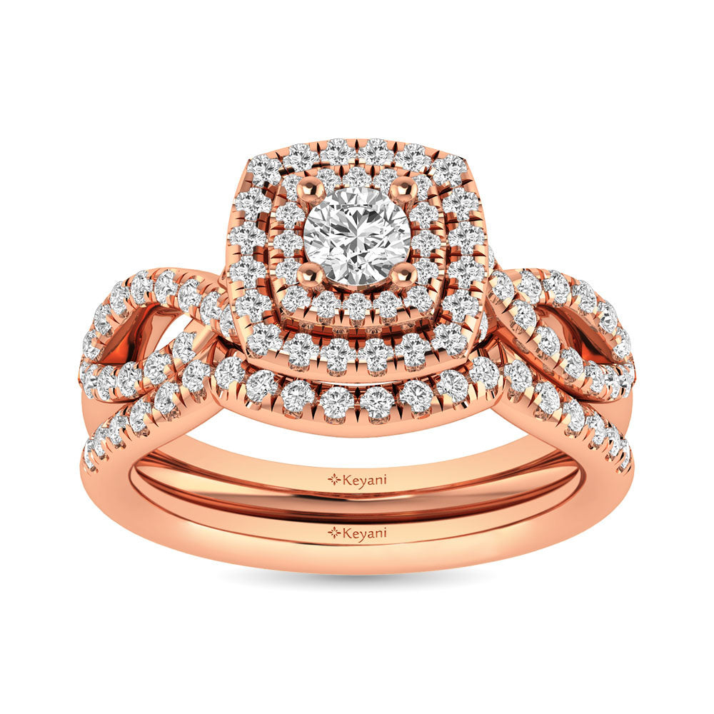 Diamond Twist Shank Double Halo Bridal Ring 3/4 ct tw Round Cut in 14K Rose Gold