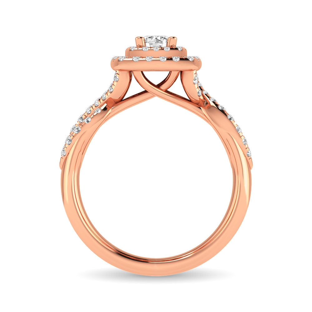 Diamond Twist Shank Double Halo Bridal Ring 3/4 ct tw Round Cut in 14K Rose Gold