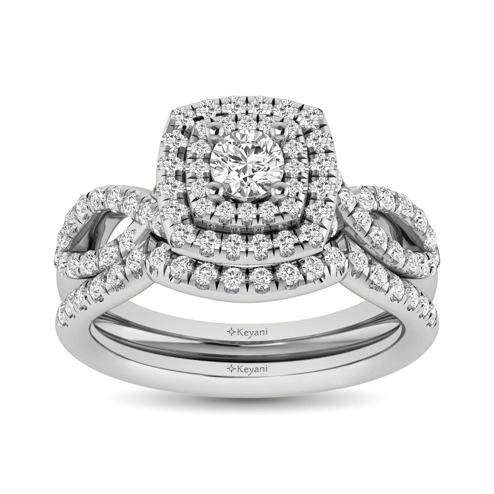 Diamond Twist Shank Double Halo Bridal Ring 3/4 Ct Tw Round Cut In 14K White Gold