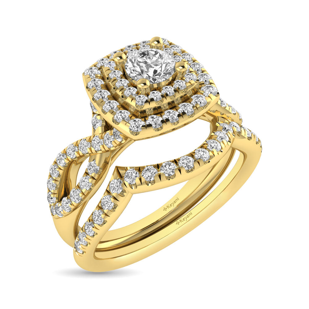 Diamond Twist Shank Double Halo Bridal Ring 1 ct tw Round Cut in 14K Yellow Gold