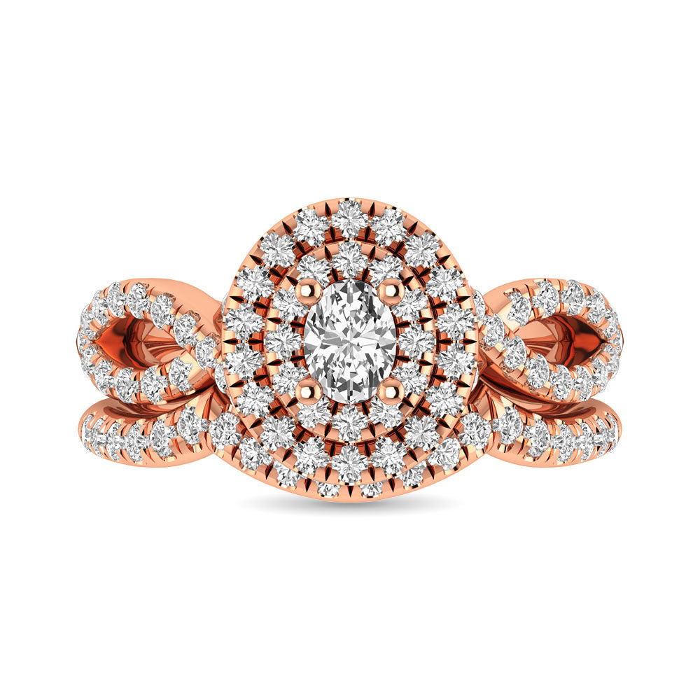 Diamond Twist Shank Double Halo Bridal Ring 3/4 ct tw Oval Cut in 14K Rose Gold