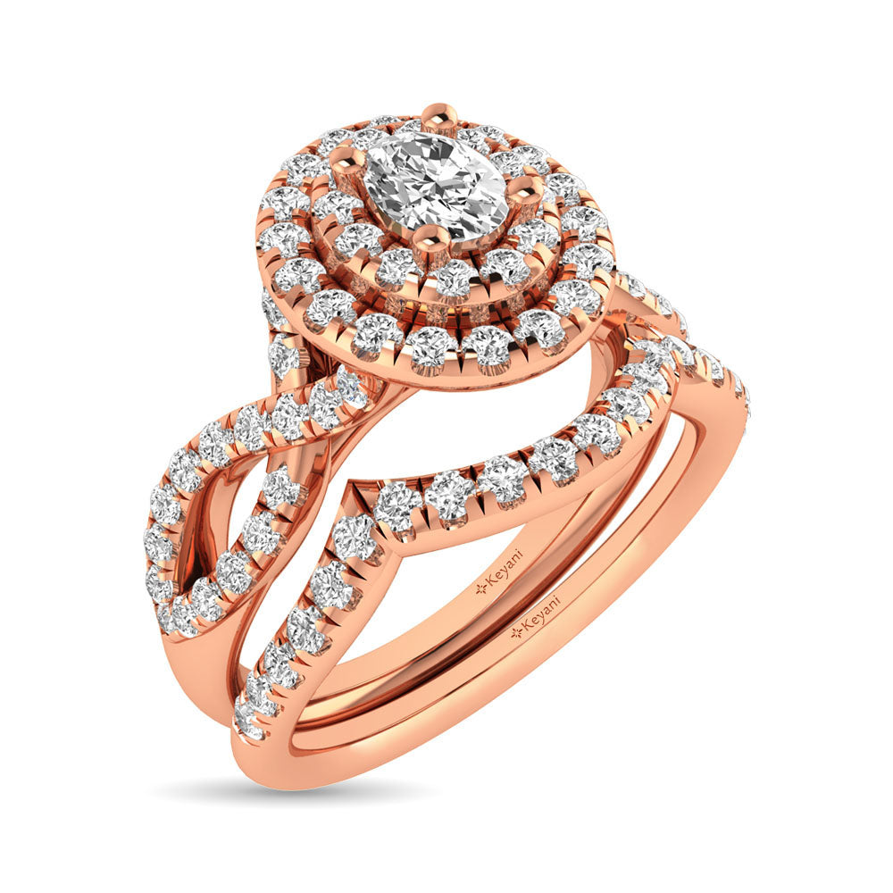 Diamond Twist Shank Double Halo Bridal Ring 3/4 ct tw Oval Cut in 14K Rose Gold