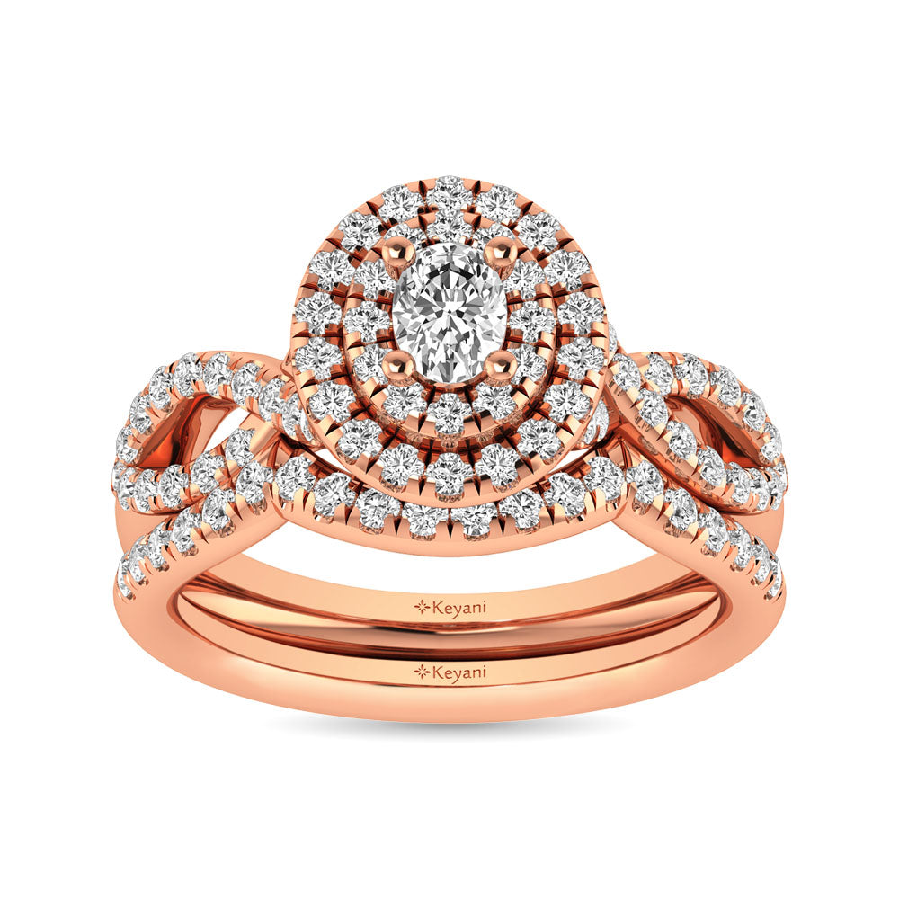 Diamond Twist Shank Double Halo Bridal Ring 1 ct tw Oval Cut in 14K Rose Gold