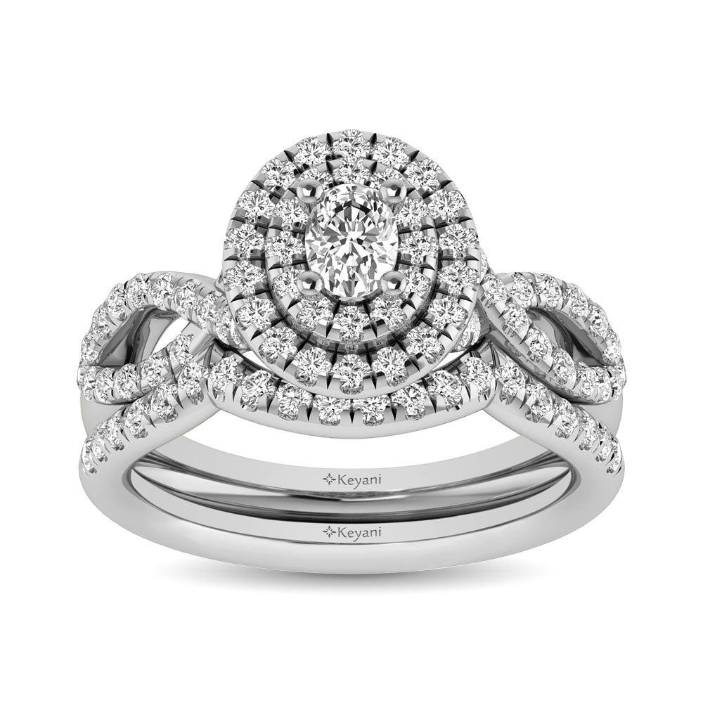 Diamond Twist Shank Double Halo Bridal Ring 3/4 Ct Tw Oval Cut In 14K White Gold