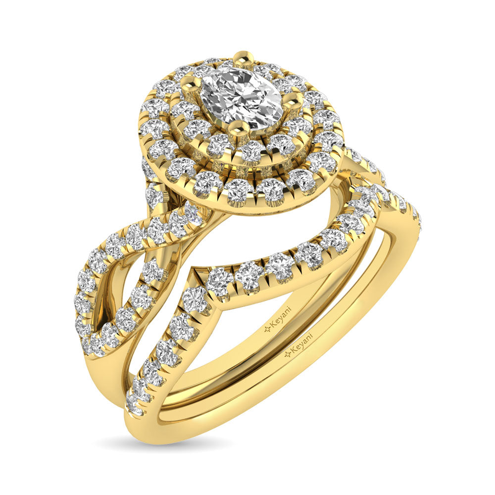 Diamond Twist Shank Double Halo Bridal Ring 1 ct tw Oval Cut in 14K Yellow Gold
