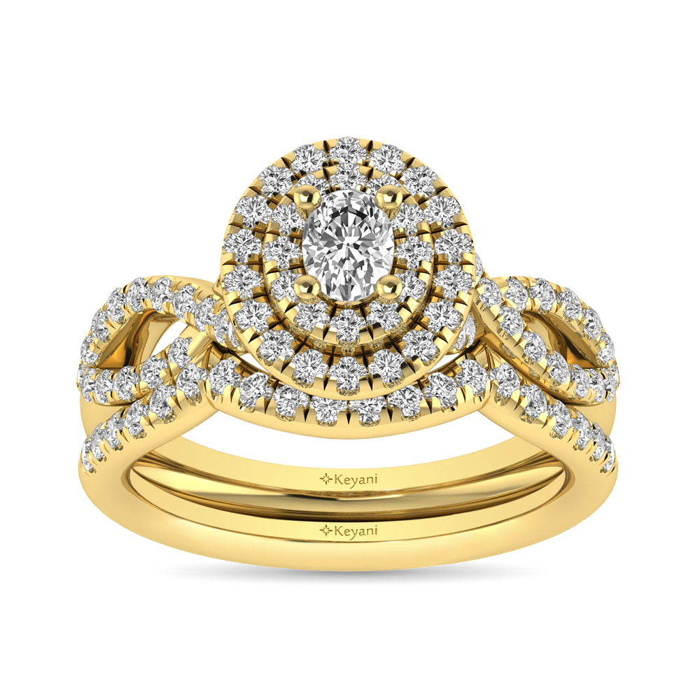 Diamond Twist Shank Double Halo Bridal Ring 1 Ct Tw Oval Cut In 14K Yellow Gold