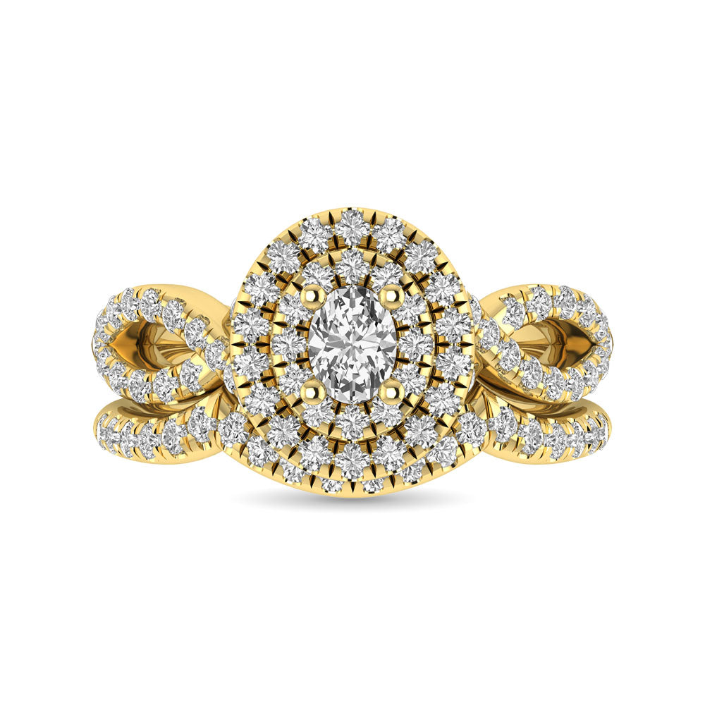 Diamond Twist Shank Double Halo Bridal Ring 1 ct tw Oval Cut in 14K Yellow Gold