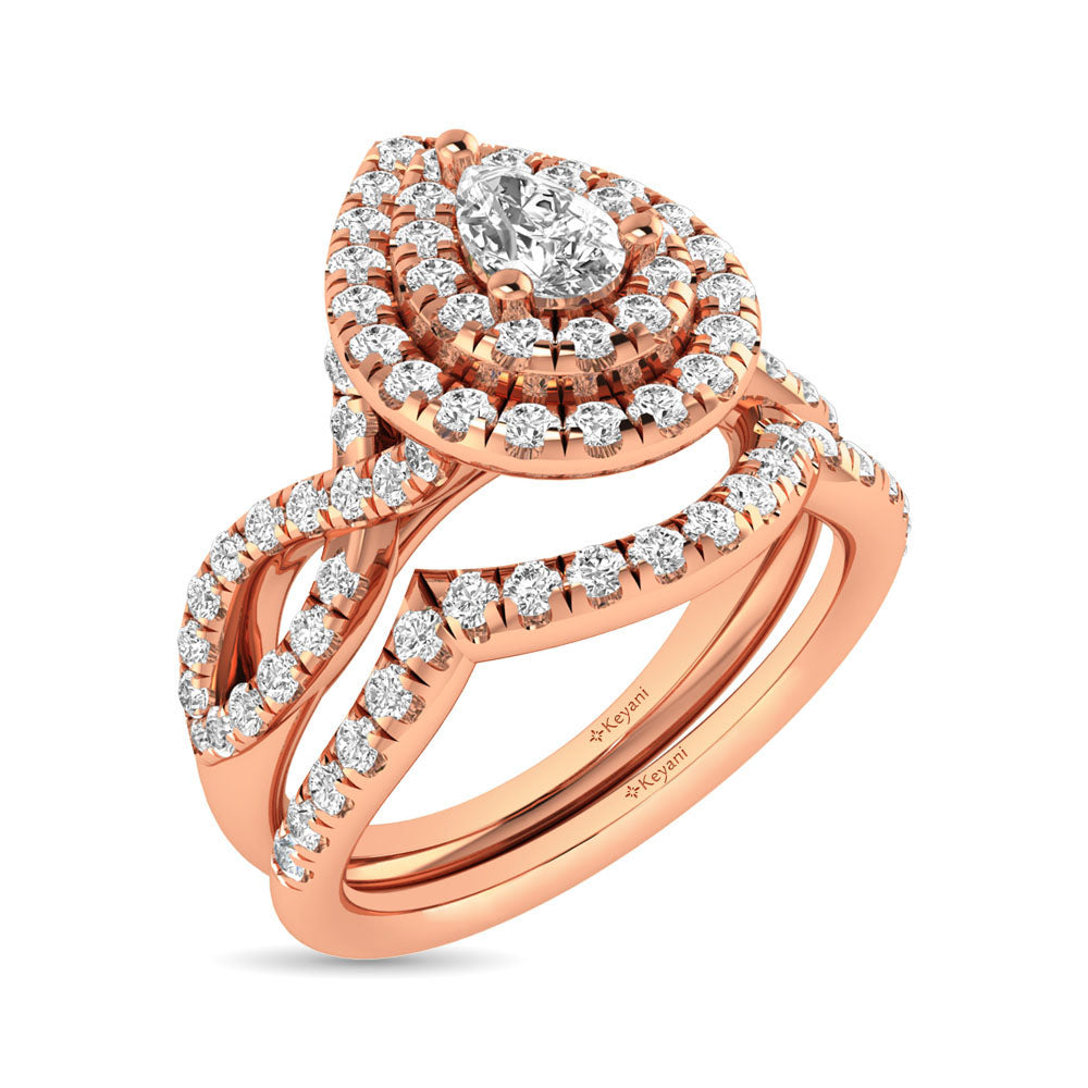 Diamond Twist Shank Double Halo Bridal Ring 3/4 Ct Tw Pear Cut In 14K Rose Gold