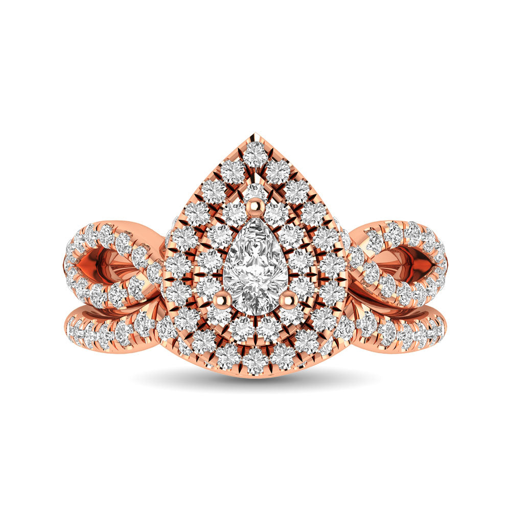 Diamond Twist Shank Double Halo Bridal Ring 1 ct tw Pear Cut in 14K Rose Gold
